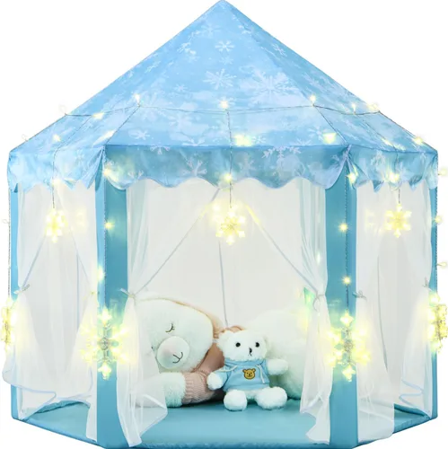 Vista 6 de Tienda de campaña de princesa púrpura para niñas, tienda de campaña para niños con luces LED de estrellas pequeñas, tienda de casa