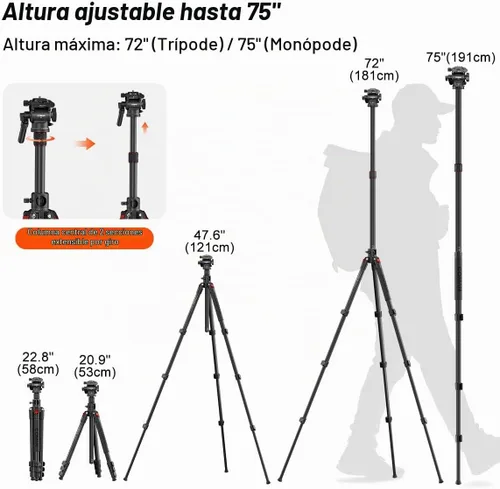 Vista 7 de COMAN - Trípode superior de 72 pulgadas con cabezal fluido, carga máxima