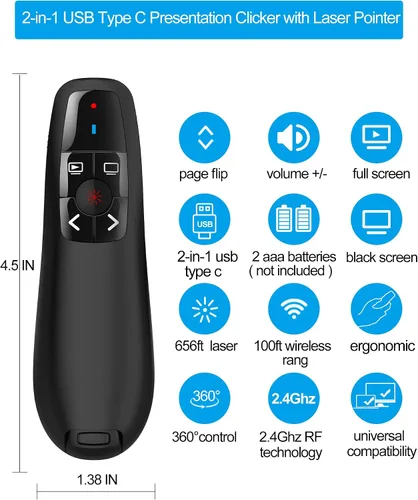 Vista 4 de Presentador inalámbrico de presentación remota Clicker: USB tipo C PowerPoint Clicker con puntero rojo Control PPT de largo alcance - Avanzador