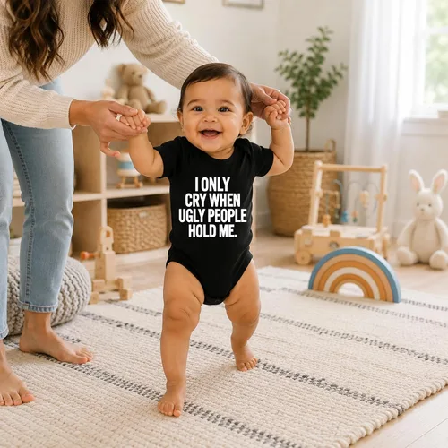 Vista 4 de AW Fashions - Pañalero "I Only Cry When Ugly People Hold Me" gracioso y lindo para bebé niña o niño Negro