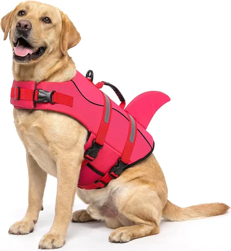 Vista 43 de Queenmore Chaleco Salvavidas para Perros Tiburón, Chaleco de Natación de Alta Flotabilidad, Chalecos Salvavidas para Perros Ajustables y Fáciles