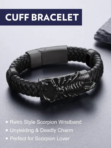 Vista 8 de Bandmax Pulsera trenzada de cuero negro para hombre con colgante gótico punk, pulsera de cuero con hebilla de acero inoxidable, paquete de regalo
