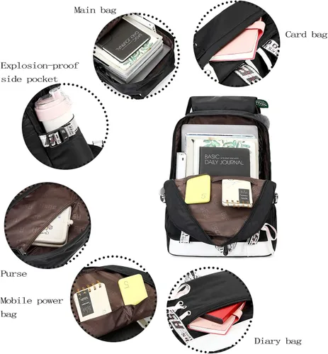 Vista 4 de Mochila Asge escolar, informal, para libros, de uso diario, para niña, negro 2), ASGE-BB-03