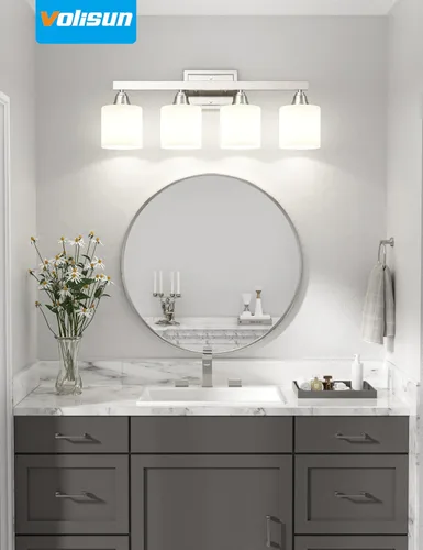 Vista 2 de VOLISUN Accesorios de iluminación de baño de níquel cepillado, 4 luces de cambiador de baño sobre espejo, lámpara de tocador moderna para baños