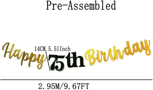 Vista 2 de Cartel de feliz cumpleaños 75 con purpurina, cartel de feliz cumpleaños 75 negro y dorado, suministros de decoración de fiesta de cumpleaños 75