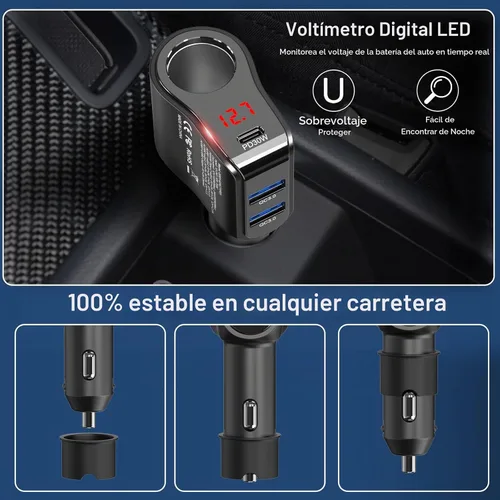 Vista 4 de Adaptador de cargador de coche PD USB C de 200 W: divisor de enchufe de encendedor de cigarrillos de 12 V Enchufe de CC de 12 voltios Toma