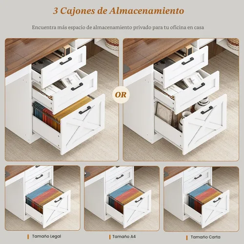 Vista 4 de SEDETA Farmhouse 96.5" 2 Person Computer Desk with Storage Drawers White and Brown