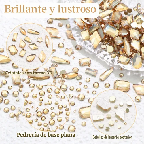 Vista 3 de 3520 diamantes de imitación de uñas color dorado champán para uñas, multiformas con parte trasera plana, diamantes de imitación redondos