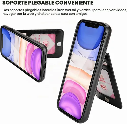 Vista 5 de KIHUWEY - Funda tipo cartera para iPhone 11, tarjetero con soporte, color negro Ranuras para tarjetas de crédito, soporte, piel sintética