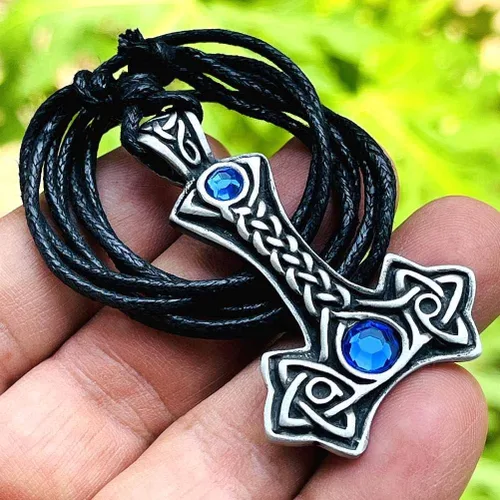 Vista 2 de Joyería vikingo celta nórdico Mjolnir joya azul cristal THORS Mjölnir Thor's Hammer Thor protección amuleto peltre hombre colgante collar riqueza
