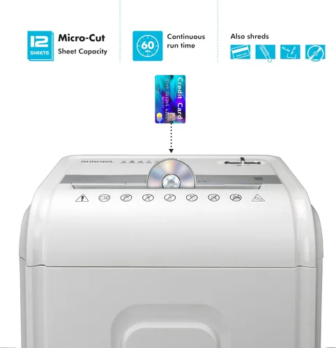 Vista 3 de Aurora Trituradora de papel microcortado/CD y tarjetas de crédito de 12 hojas de alta seguridad con cesta extraíble de 5.7 galones, tiempo