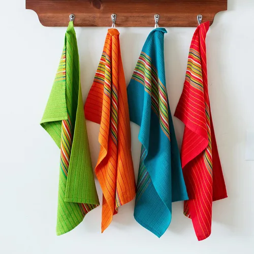 Vista 4 de Cotton Craft - Paquete de 12 paños de cocina con rayas salsa multicolores 100 por ciento naturales, de 16" x 28" 16x28 inch Multi - Absorbent