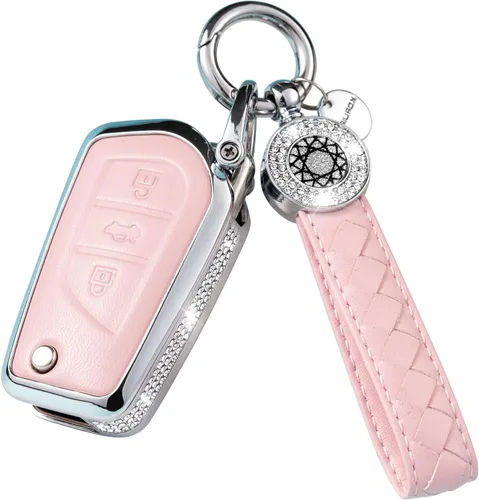 Vista 7 de Funda para llave inteligente con llavero, de piel auténtica color rosa, con cristales, carcasa protectora
