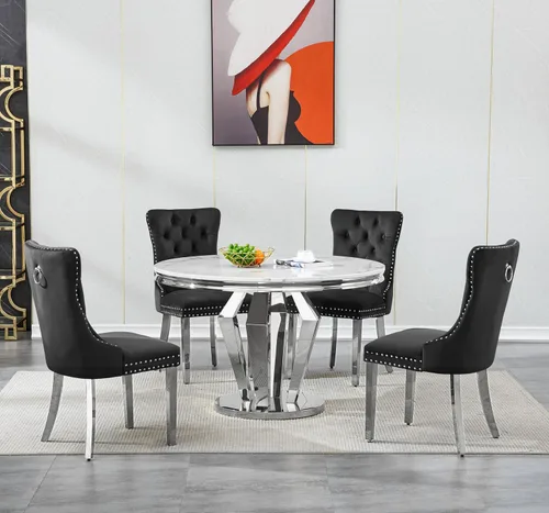 Vista 65 de Juego de 5 mesas de comedor, juego de mesa de cocina y comedor para 4, mesa de cocina rectangular de mármol sintético blanco de 47 pulgadas con base