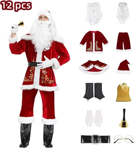 Vista 4 de Juego de disfraz de Papá Noel de 12 piezas de disfraz de Papá Noel para hombres y adultos traje de Papá Noel de lujo Outifit Cosplay Santa Accesorios