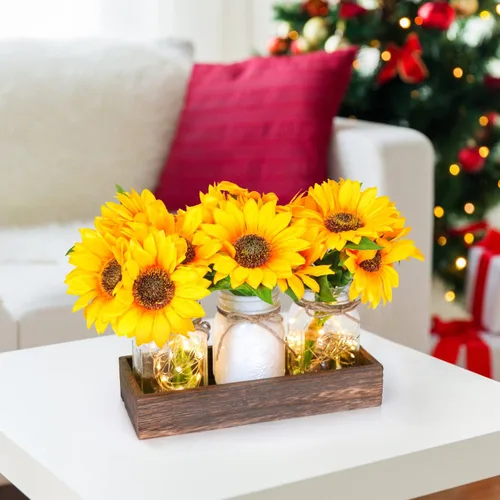 Vista 9 de Fowecelt 3 piezas de girasoles artificiales de cristal, centro de mesa, girasoles falsos, arreglos florales con maceta rectangular de madera