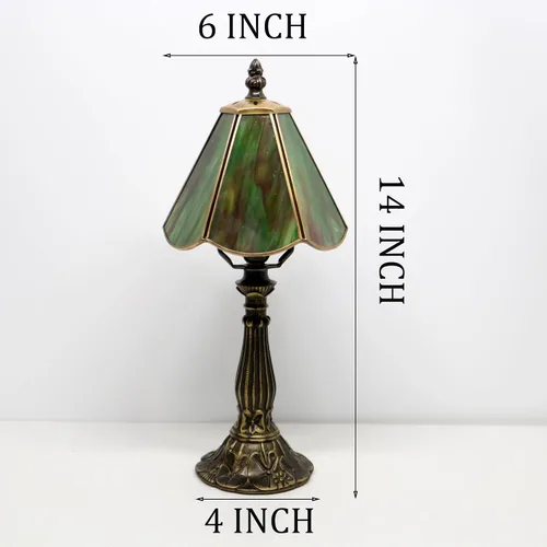 Vista 2 de Small Tiffany Style Table Lamp Amber Green Stained Glass Lamp 14 Inch