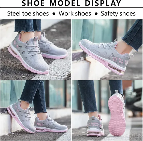 Vista 6 de Kezhiho Zapatos de punta de acero para mujer, con amortiguación de aire, ligeros, cómodos, transpirables, a prueba de pinchazos, antideslizantes