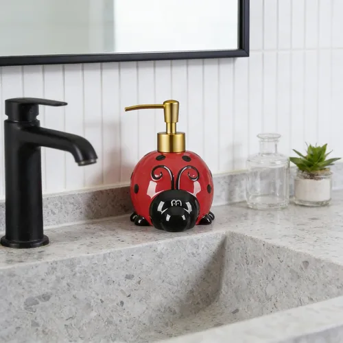 Vista 5 de RQYIXI Dispensador de jabón de cerámica de mariquita de 17 onzas con bomba de ABS, dispensador de jabón líquido recargable para loción, gel de baño