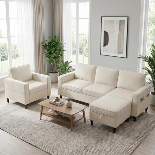 Vista 9 de PUREMIND Juego de sofá de 2 piezas para sala de estar, moderno sofá en forma de L y sofá biplaza con otomana de almacenamiento y bolsillo lateral