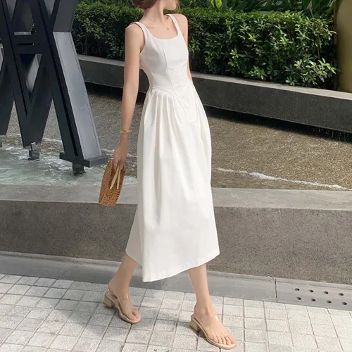 Vista 4 de PHILISENMALL Vestido de verano sin mangas para mujer, estilo francés, elegante, vestido de fiesta de noche, color puro, falda larga para fiesta