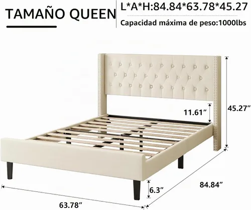 Vista 2 de HAOARA Base de cama tamaño Queen, plataforma tapizada con cabecera con respaldo de ala, botón de terciopelo, fácil montaje, no necesita somier, Beige