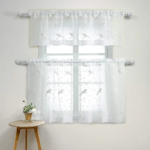 Vista 25 de VOGOL Juego de cortinas transparentes bordadas y cenefas para sala de estar, con bolsillo para barra blanca, par de cortinas traslúcidas