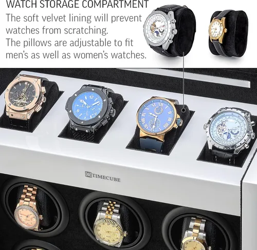 Vista 5 de TIMECUBE Enrollador de reloj para 12 relojes con luz interior y 4 ranuras de almacenamiento para relojes, Blanco, Compacto