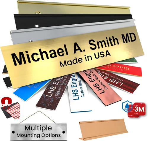 Vista 26 de Placas de identificación grabadas para letrero de puerta, placa de plástico azul claro personalizada con letras blancas, fabricadas en Estados B1