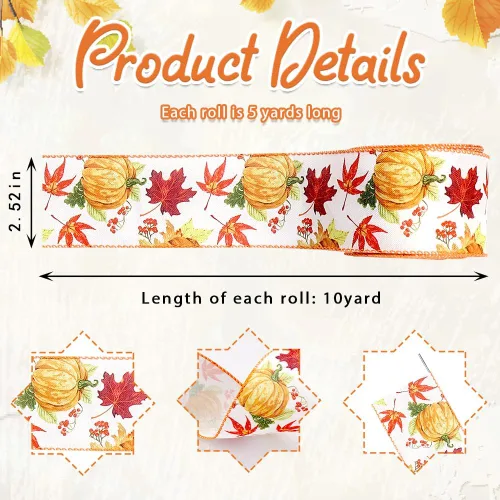 Vista 2 de Estivaux Cintas de otoño para manualidades y envoltura de regalos, borde con alambre de Acción de Gracias, color naranja, lazo de buralp natural