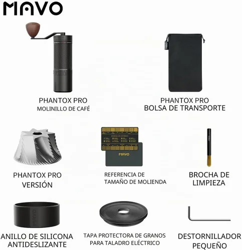 Vista 2 de MAVO Molinillo de café manual, Phantox Pro molinillo de café rebaba, núcleo de molienda profesional de acero inoxidable de 45 mm, capacidad 30 g