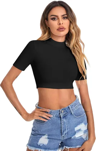 Vista 2 de Verdusa Camisetas cortas básicas de manga corta con cuello alto alto para mujer
