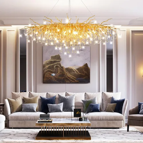 Vista 10 de Candelabro de cristal para comedor, lámpara moderna de 24 pulgadas para sala de estar, candelabros de rama de árbol dorado con 8 luces, lámpara