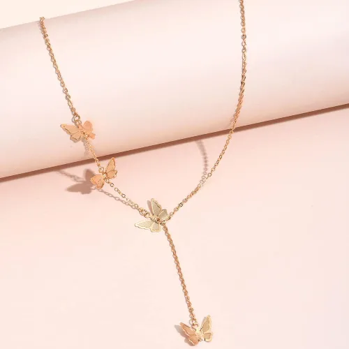 Vista 5 de Collar Lariat de oro para mujer, collar delicado de plata con cadena de serpiente, collar largo con perlas de circonita cúbica, collar de mariposa