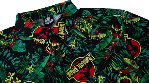 Vista 3 de Jurassic Park Camisa abotonada para hombre, Negro "Tropical Raptor