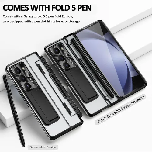 Vista 2 de Funda diseñada para Samsung Galaxy Z Fold 5 con soporte para S Pen y S Pen, soporte portátil y protector de pantalla frontal transparente Fold 5