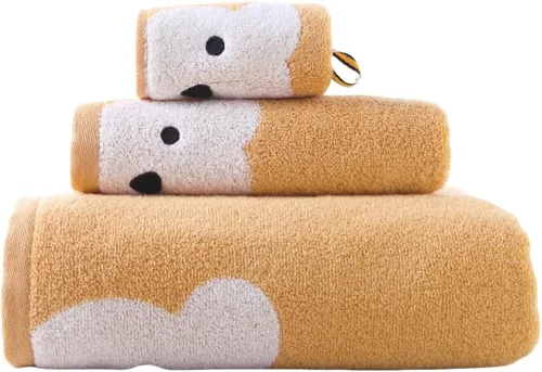 Vista 9 de Juego de 3 toallas de baño de alta calidad para niños (oso travieso), 1 toalla de baño, 1 toalla de mano, 1 toallita, secado rápido, 100% algodón