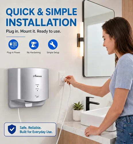 Vista 7 de Secador de manos comercial automático con detección de temperatura y flujo de aire de ajuste automático, secadora de manos compacta de alta Plata