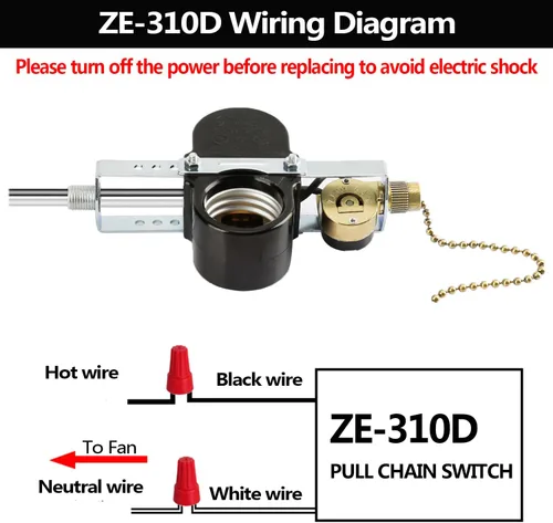 Vista 4 de Ventilador de techo con interruptor de zócalo de 2 luces Zing Ear ZE-310D ZE-109M, interruptor de cadena de tracción para lámpara de ventilador