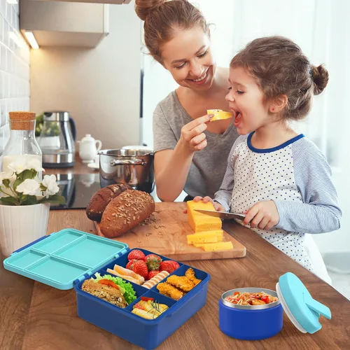 Vista 6 de Pawtong Caja Bento para Almuerzo con Termo para Sopa de 8oz, Contenedores de Comida para Almuerzo para Niños a Prueba de Fugas con 4 Compartimentos