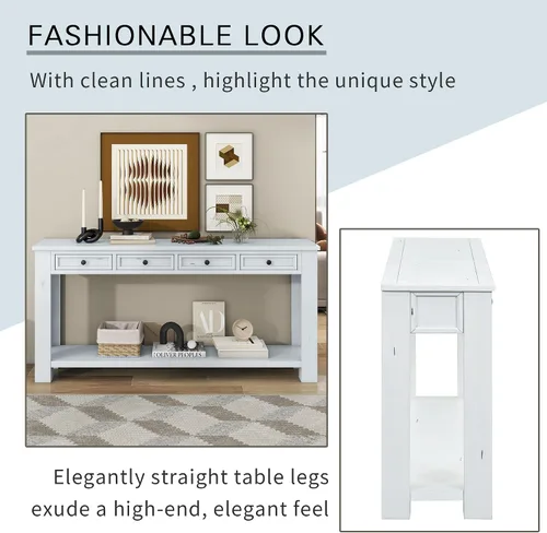Vista 6 de JIVOIT Mesa consola rústica y elegante, mesa de consola rectangular de madera con cajones de almacenamiento y estante inferior para entrada Blanco