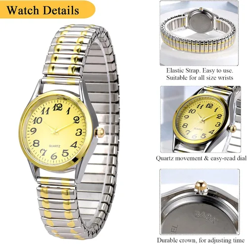 Vista 5 de JewelryWe Reloj de lectura fácil ultrafino para mujer con correa elástica de tono doradoplateado