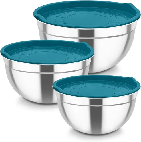 Vista 8 de TeamFar Cuencos para mezclar, 4,6/3 / 1,5 QT, juego de cuencos de ensalada anidables de acero inoxidable con tapas herméticas, para Negro