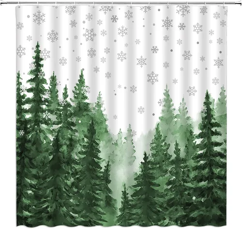 Vista 10 de GCTNBJL Cortina de ducha navideña para RV, diseño de árbol de pino, copo de nieve, estrella, bosque, vacaciones de invierno, naturaleza rústica