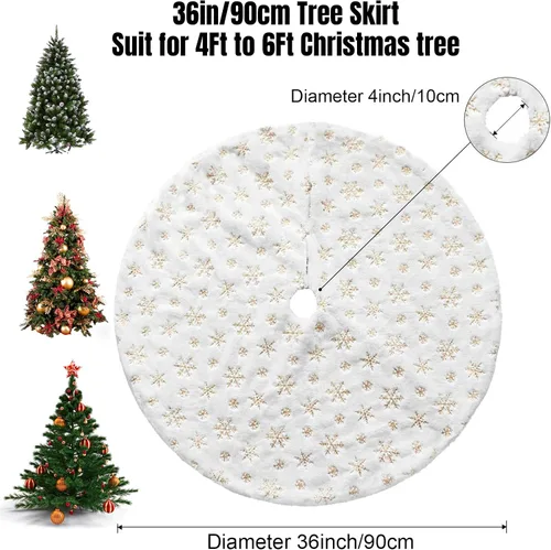 Vista 5 de Dremisland Falda para Árbol de Navidad 36" Grande Blanca y Dorada de Lujo de Piel Sintética con Copitos de Nieve Falda para Árbol Super Suave