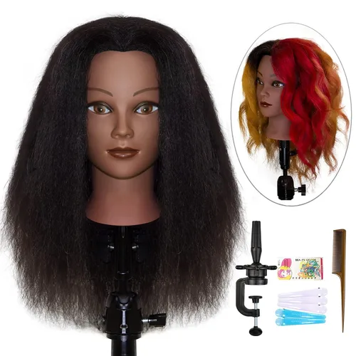Vista 7 de Cabeza de maniquí afro rizado 100% cabello humano real, (10 pulgadas) negro para trenzado manual, práctica de peinado, peluquería, escuela, maniquí