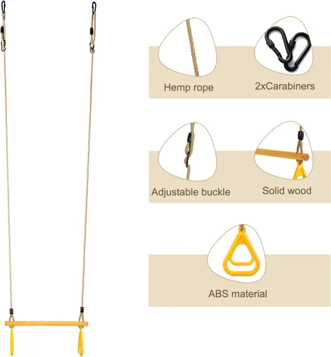 Vista 8 de Trapecio de madera con anillos de gimnasio de plástico, barra de columpio de trapecio con cuerda ajustable para patio de recreo interior, juego