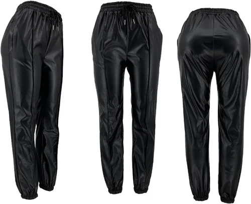 Vista 5 de Voghtic Pantalones de cuero para mujer, de cintura alta, con cordón sintético, con bolsillos