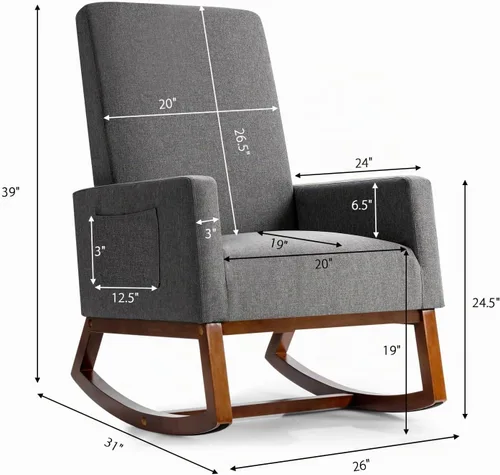 Vista 3 de Giantex Mecedora tapizada, sillón moderno de tela con base de madera, bolsillo lateral, asiento acolchado de lino, silla mecedora con respaldo alto