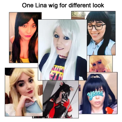 Vista 6 de YOGFIT Lina - Peluca de mujer larga y recta con fleco para disfraz de Halloween Fiesta de Cosplay